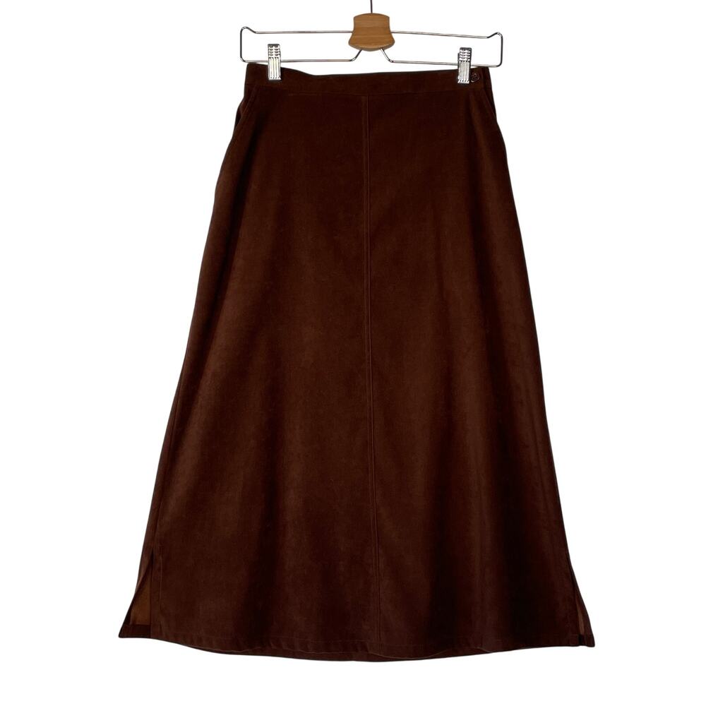 Vintage Faux Suede Midi Skirt A-Line Retro 60s 70s Brown Size 8 Small Waist